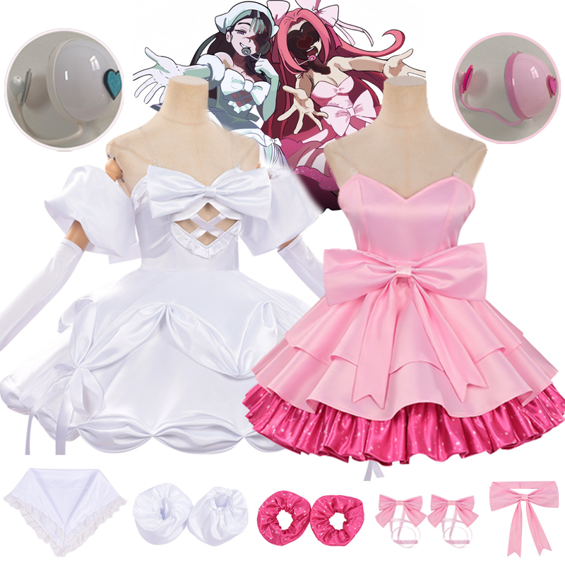 Anime Cosplay With Mask - ชุดคอสเพลย์เอเลียนสเตจ ซัว มิซิ ชุดเดรสโกธิคโลลิต้าสีชมพูขาว พร้อมเครื่องประดับศีรษะ หน้ากาก