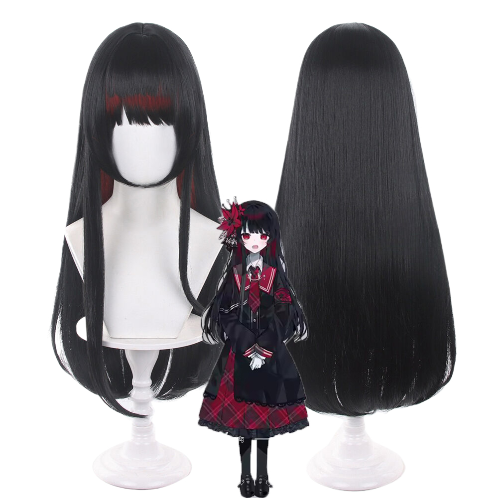 Anime Cosplay Girl With Black Hair - อะนิเมะนิไคโด ฮิโระคอสเพลย์วิกผม 27.55 นิ้วสีดำสีแดงผสมสีผมสังเคราะห์ทนความร้อนสำหรับปาร์ตี้ฮาโลวีนสาวเวทมนตร์