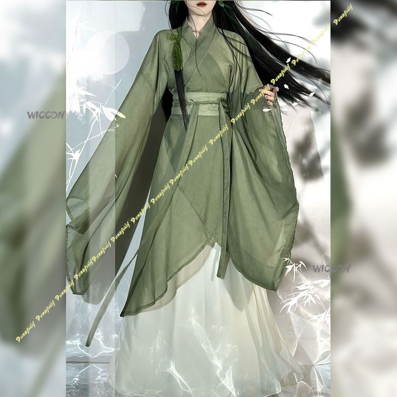 Anime Cosplay Girl With Black Hair - ชุดคอสเพลย์ฮั่นฝูงจีน แขนยาว คอไขว้ กระโปรงขาด พร้อมวิกผม สำหรับผู้หญิงและเด็กผู้หญิง