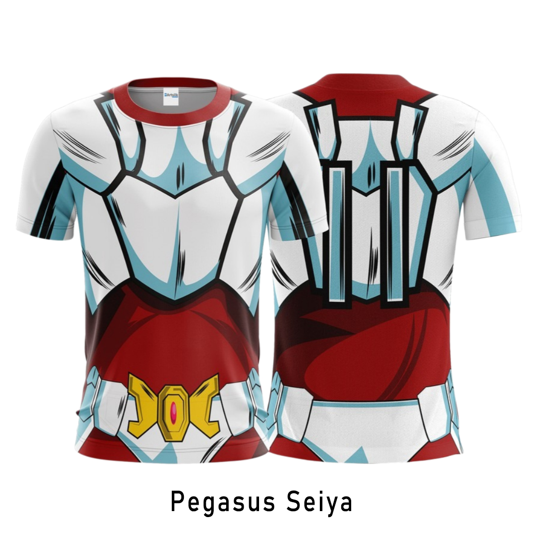Anime Cosplay Armor - ชุดคอสเพลย์นักรบเซนต์เซย่า แบนได ลายพิมพ์ทั่วตัว เสื้อยืดสำหรับผู้ใหญ่และเด็ก ฤดูร้อน แห้งเร็ว