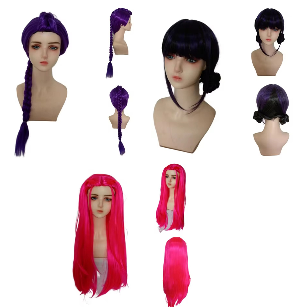 Anime Cosplay Girl With Black Hair - วิกผมยาวสีม่วงแบบถักเปีย สำหรับคอสเพลย์ ฮาโลวีน ชุดแฟนซีสีทอง สีชมพู สีดำ