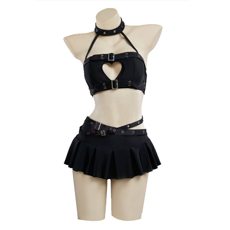 Anime Cosplay Bikini - ชุดว่ายน้ำสไตล์โกธิคพังก์แบบเว้าอก สายคล้องคอ ผู้หญิง เซ็กซี่ สีดำ ชุดสองชิ้น