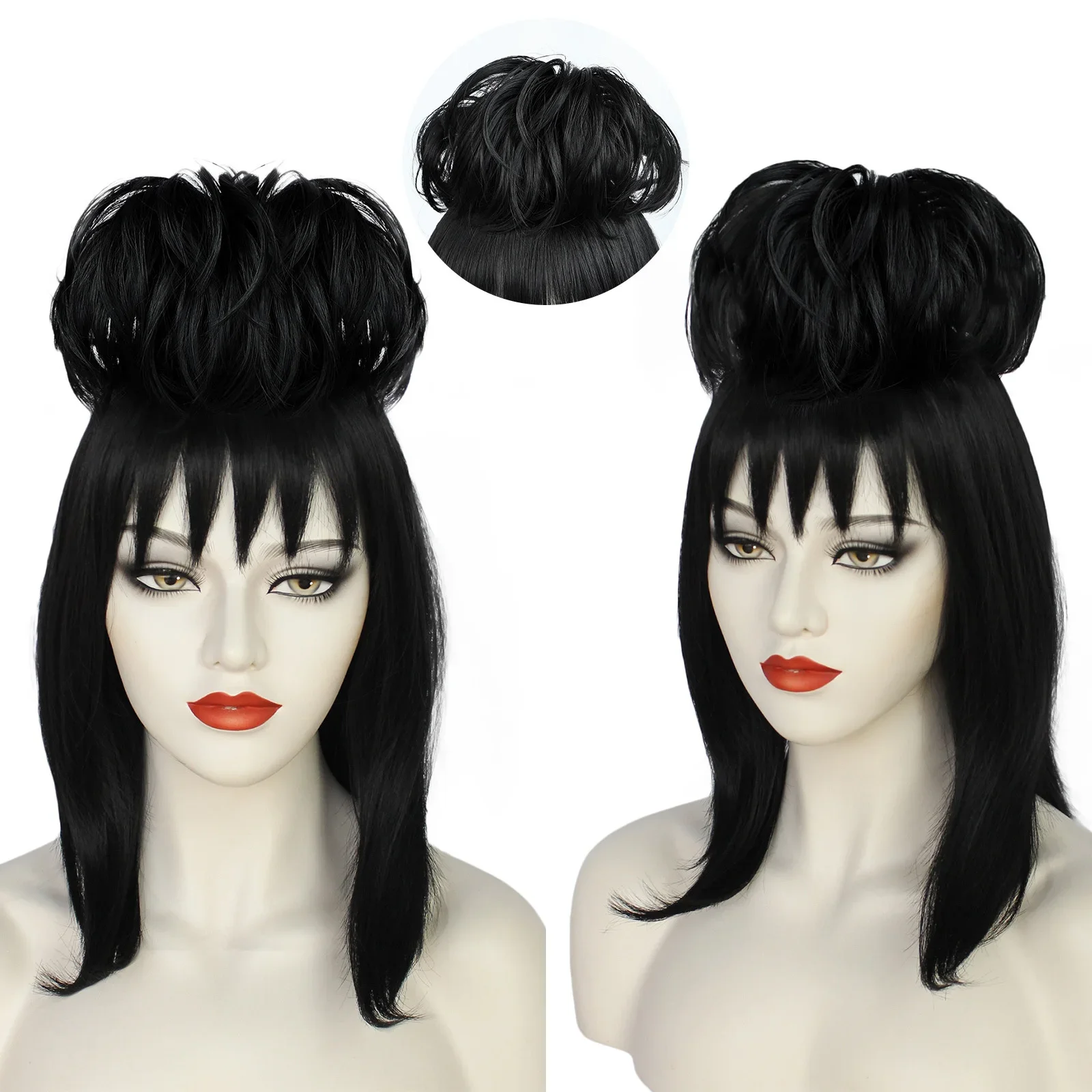Anime Cosplay Girl With Black Hair - Lydia Deetz คอสเพลย์วิกผมชุดเจ้าสาวเครื่องแต่งกาย Props สีดําสังเคราะห์ตรงผมผู้หญิงสาวฮาโลวีน Carnival