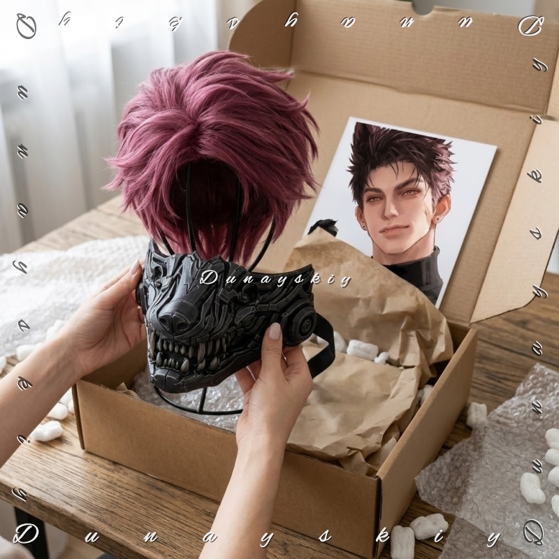 Anime Cosplay With Mask - วิกผมสั้นสีม่วงแดงสำหรับคอสเพลย์ Ao Yin จากเกม Love and