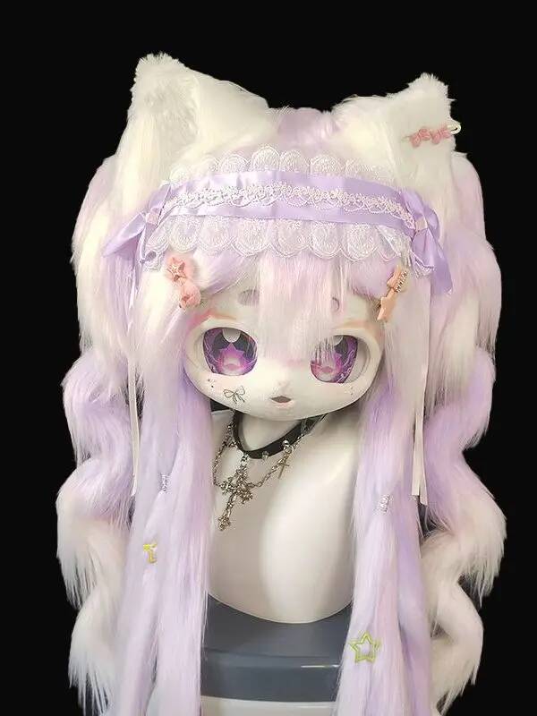 Anime Cosplay With Mask - หัวฟอร์สูทคิกทำมือ, หน้ากากแมวน่ารัก, คอสเพลย์อนิเมะแบบเต็มหัว, ชุดขนฟูสีม่วงสไตล์โลลิต้าสำหรับแฟนๆ ฟอร์รี่