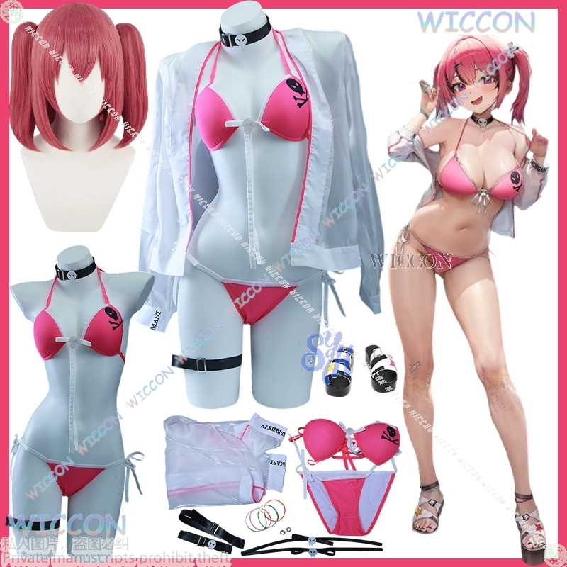 Anime Cosplay Bikini - ชุดคอสเพลย์อนิเมะน่ารักสไตล์จิรายเกะ คอสเพลย์เกมนิกเก้ เทวรูปเทพธิดาแห่งชัยชนะ ชุดว่ายน้ำบิกินี่สีชมพูเซ็กซี่ร้อนแรงสำหรับฤดูร้อน เสื้อคลุมซีทรู