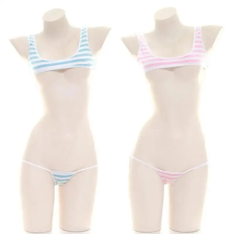 ชุดว่ายน้ำบิกินี่ลายทางสีฟ้าขา - Anime Cosplay Bikini บทวิจารณ์และราคา