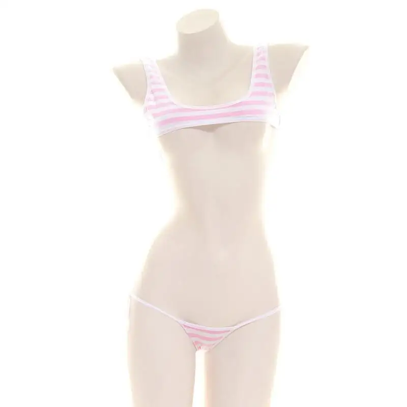 ชุดว่ายน้ำบิกินี่ลายทางสีฟ้าขา - Anime Cosplay Bikini บทวิจารณ์และราคา