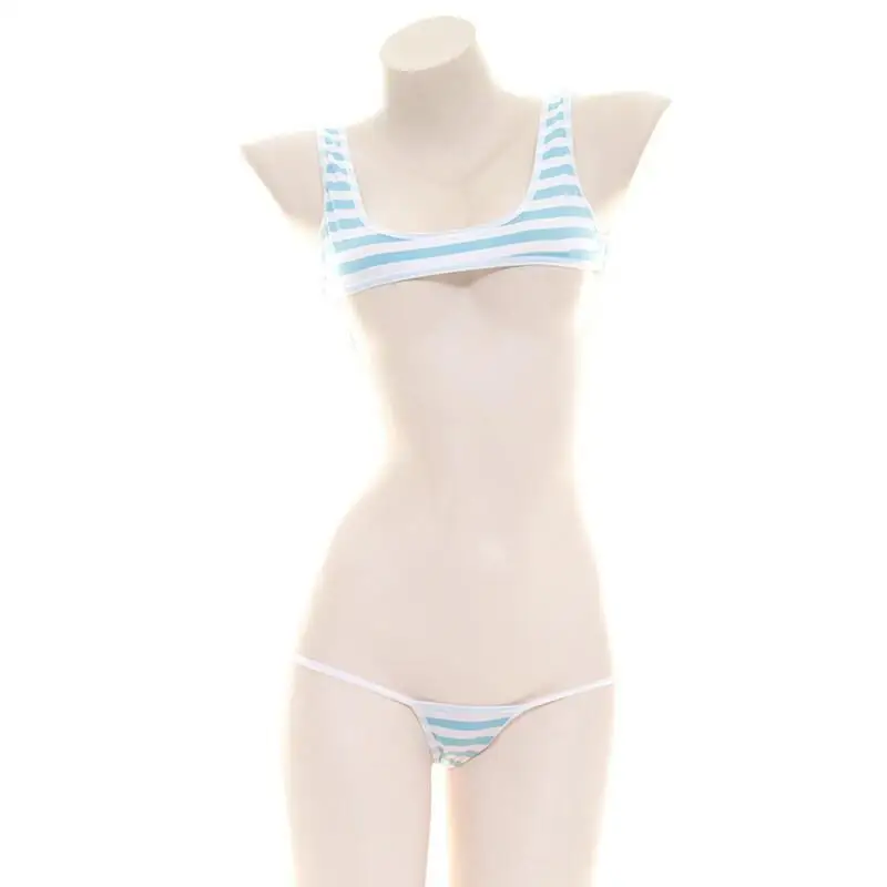 ชุดว่ายน้ำบิกินี่ลายทางสีฟ้าขา - Anime Cosplay Bikini บทวิจารณ์และราคา